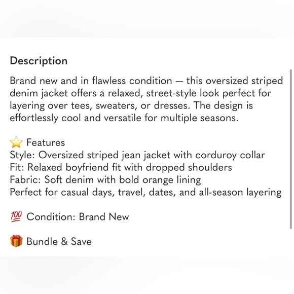 Oversized Denim Jacket with Corduroy Collar, Button Down, Long Sleeve new - Picture 10 of 10